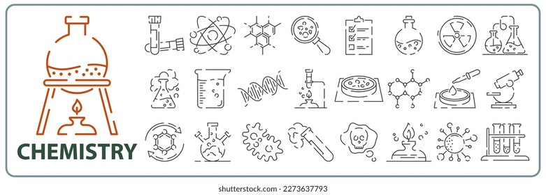 Simple Set of Chemical Related Vector Line Icons. Contains such Icons as Atom, Flask, Experiment, Research, Laboratory and more. Editable Stroke. 48x48 Pixel Perfect