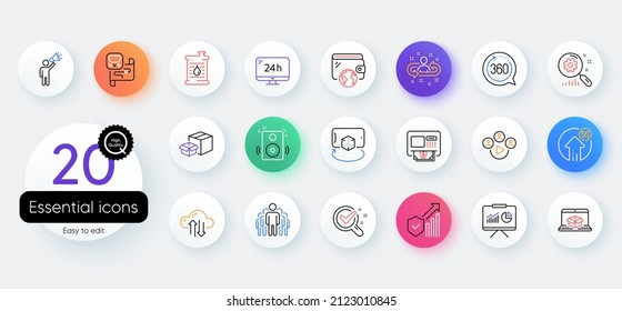 Simple set of Chemistry lab, Recruitment and 360 degrees line icons. Include Packing boxes, Atm, Group icons. Oil barrel, Brand ambassador, Presentation web elements. Speakers, Metro map. Vector