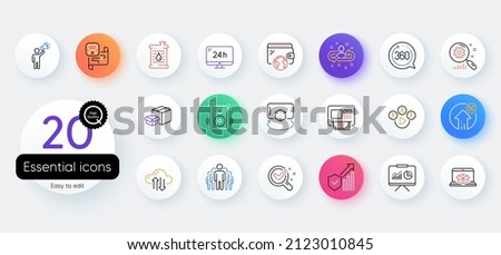 Simple set of Chemistry lab, Recruitment and 360 degrees line icons. Include Packing boxes, Atm, Group icons. Oil barrel, Brand ambassador, Presentation web elements. Speakers, Metro map. Vector