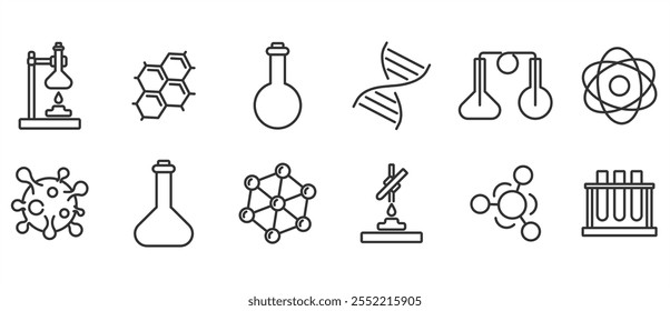 Simple set of chemistry line icons. Vector set of chemical icons. Test tubes, flasks, dna helix, atomic bonds. Vector icon linear style in transparent background. Editable vector stroke. 