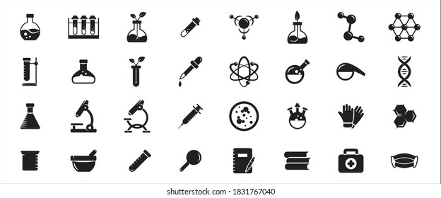 Simple Set of chemistry and physic laboratory stuff Related Vector icon graphic design template. Contains such Icons as reaction bottle, atom, microscope, particle, dna helix and glove