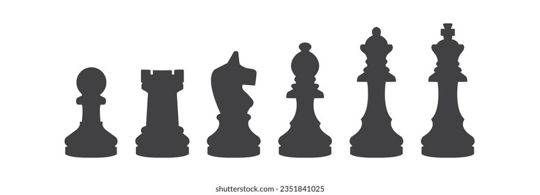 Simple set of Chess pieces . Included icon king, queen, bishop, knight, rook, pawn. Silhouettes isolated on white background. Chess pictogram. Set of strategy icons in line style Vector symbols.