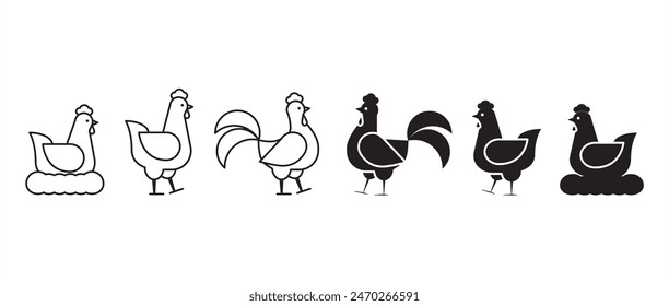 Conjunto simple de Pollo en línea y estilo plano, Icono de gallina de contorno. Pollo, gallo y gallina icono plano. Símbolo de ave de granja. Icono de pollo Ilustración vectorial aislado sobre fondo transparente. Eps10