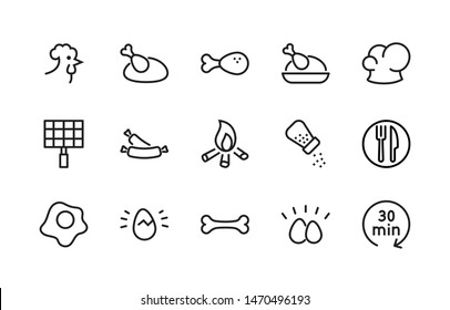 Simple Set of Chicken Well-crafted Vector Line Icons. Contains such Icons as Rooster, Eggs, Scrambled, Chef's Hat, Sausages, Salt, Grill, Time, Plate, Fork, Knife. Editable Stroke. 48x48 Pixel Perfect
