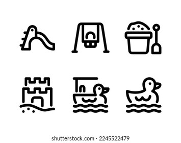 Simple Set of Children Toys Related Vector Line Icons. Contains Icons as Playground Slide, Swing, Sand Bucket and more.