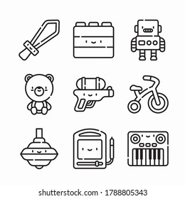 Iconos de línea de vectores de juguetes para niños de ajuste simple. Línea con trazo editable
