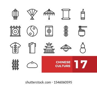 Simple Set of Chinese Culture Related Vector Line Icons Isolated. Contains such Icons as Yin and Yang, Traditional Fan, Noodle, Castle, and more.