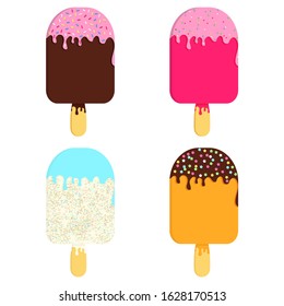 Simple set with chocolate, orange, vanilla, strawberry ice cream in retro style. Vector illustration. Summer theme