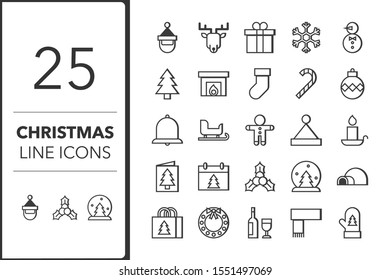 Simple Set of Christmas Related Vector Inner Shadow Line Icons. Contains such Santa Claus, Reindeer, Christmas Tree, Mistletoe and more.