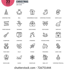 Simple Set of Christmas Related Vector Line Icons. Contains such Icons as Tree, Bell, Santa Claus, Snow Globe, Ball, Snowflake, Fireworks and more. Editable Stroke. 48x48 Pixel Perfect.