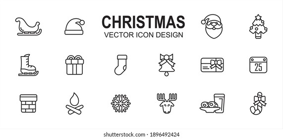 Simple Set of christmas shop Related lineal style Vector icon user interface graphic design. Contains such Icons as sled, santa hat, santa clause, ski shoes, gift box, sock, chimney, deer, snowflake