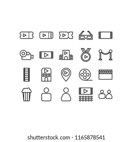 Simple Set of Cinema Related Vector Line Icons. Contains such Icons as Movie Theater, TV, Popcorn, Video Clip and more. Editable Stroke. 34x34 Pixel Perfect.