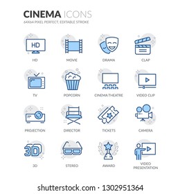 Simple Set of Cinema Related Vector Line Icons. Contains such Icons as Movie Clip, Popcorn, Tickets and more.
Editable Stroke. 64x64 Pixel Perfect.