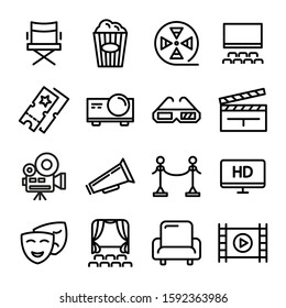 Simple Set of Cinema Related Vector Line Icons. Contains such Icons as Movie Theater, TV, Popcorn, Video Clip and more