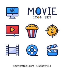 Simple Set of Cinema Related Vector cartoon outline Icons. Contains such Icons as Movie 4k, Popcorn, Video Clip and more. Hand draw vector illustration