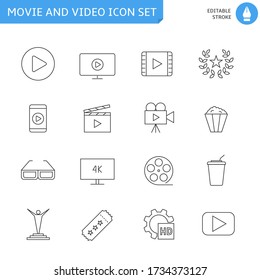 Simple Set of Cinema Related Vector Line Icons. Editable Stroke