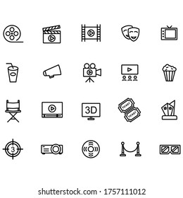 Simple Set of Cinema Related Vector Line Icons. Contains such Icons as Movie Theater, TV, Popcorn, Video Clip and more