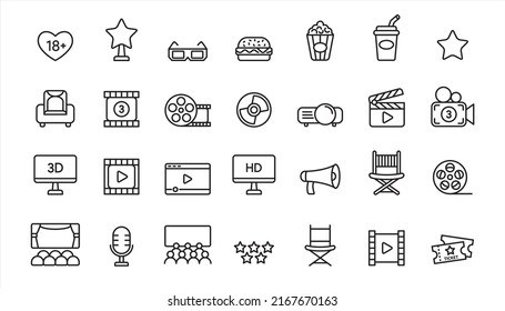 Simple Set of Cinema Related Vector Line Icons. Contains such Icons as Movie Theater, TV, Popcorn, Video Clip and more.