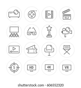 Simple Set of Cinema Related Vector Line Icons. Contains such Icons as Movie Theater, TV, Popcorn, Video Clip and more.