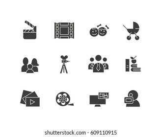 Simple Set Of Cinema Related Vector Silhouette Icons. Contains Such  As Movie Camera, TV, Family, Children, Video Clip And More. Editable Stroke. 48x48 Pixel Perfect.