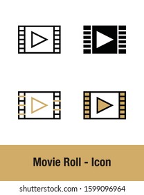 Simple Set of Cinema Roll with Play Button Icon with 4 style, line, solid, filled line, and color line. Editable Stroke and Pixel Perfect.