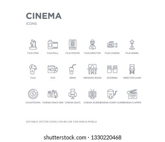 simple set of cinema vector line icons. contains such icons as cinema flapper, cinema hurdy gurdy, screen, seats, snack bar, countdown, director chair, doorway, dressing room and more. editable