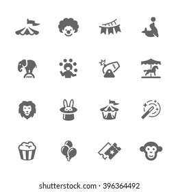 Juego simple de iconos vectoriales relacionados con el circo. Contiene iconos como carpa de circo, animales salvajes, globos, carrusel y más. 