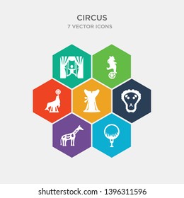 simple set of circus ring, giraffe, circus lion, circus dress icons, contains such as icons seal, bear, puppet and more. 64x64 pixel perfect. infographics vector