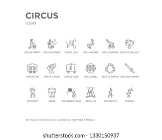 simple set of circus vector line icons. contains such icons as acrobat, acrobatics, aerialist, amusement park, arena, assistant, balloon sword, bottle throw, circus ball and more. editable pixel