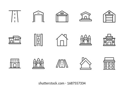 Sencillo conjunto de íconos de la ciudad modernos y delgados. Diseño moderno. Paquete de iconos de trazo. Ilustración vectorial aislada en un fondo blanco. Símbolos de calidad superior.