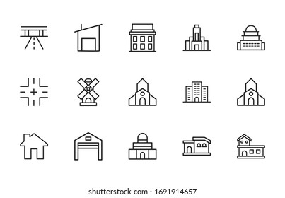 Simple set of city modern thin line icons. Trendy design. Pack of stroke icons. Vector illustration isolated on a white background. Premium quality symbols.