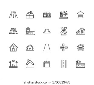 Sencillo conjunto de íconos de la ciudad modernos y delgados. Diseño moderno. Paquete de iconos de trazo. Ilustración vectorial aislada en un fondo blanco. Símbolos de calidad superior.