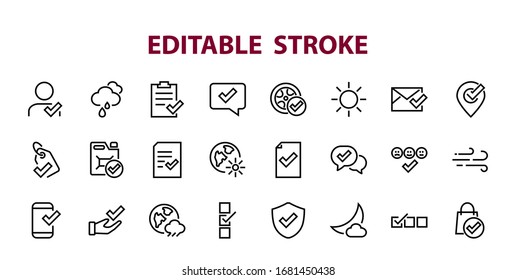 Un simple conjunto de iconos de línea vectorial relacionados con reclamaciones. Contiene iconos como garantía de seguridad, documento recibido, mensaje de lectura, verificación, calidad y mucho más. Barra editable. 480x480.