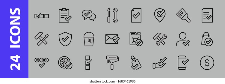 A simple set of claim related vector line icons. Contains icons such as security guarantee, received document, read message, verification, quality and much more. Editable Bar. 480x480.