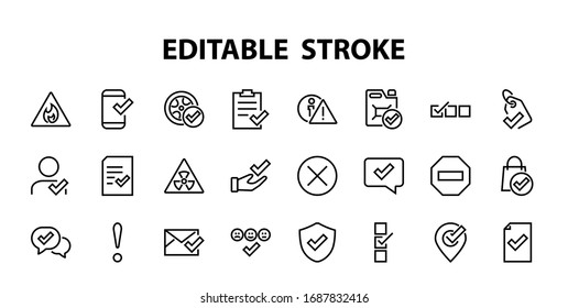 A simple set of claim related vector line icons. Contains icons such as security guarantee, received document, read message, verification, quality and much more. Editable Bar. 480x480.