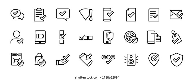 Un simple conjunto de iconos de línea vectorial relacionados con reclamaciones. Contiene iconos como garantía de seguridad, documento recibido, mensaje de lectura, verificación, calidad y mucho más. Barra editable. 480x480.