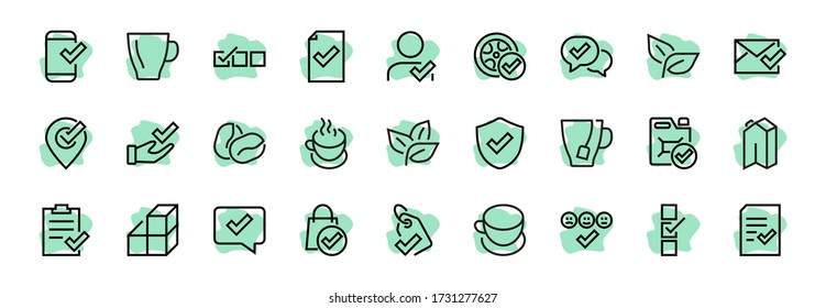 A simple set of claim related vector line icons. Contains icons such as security guarantee, received document, read message, verification, quality and much more. Editable Bar. 480x480.