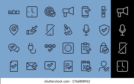 A simple set of claim related vector line icons. Contains icons such as security guarantee, received document, read message, verification, quality and much more. Editable Bar. 480x480.