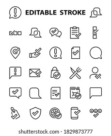 A simple set of claim related vector line icons. Contains icons such as security guarantee, received document, read message, verification, quality and much more. Editable Bar. 480x480.