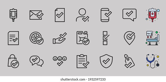 A simple set of claim related vector line icons. Contains icons such as security guarantee, received document, read message, verification, quality and much more. Editable Bar. 480x480.