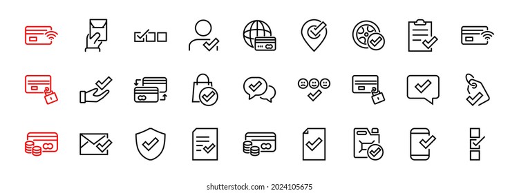 A simple set of claim related vector line icons. Contains icons such as security guarantee, received document, read message, verification, quality and much more. Editable Bar. 480x480.