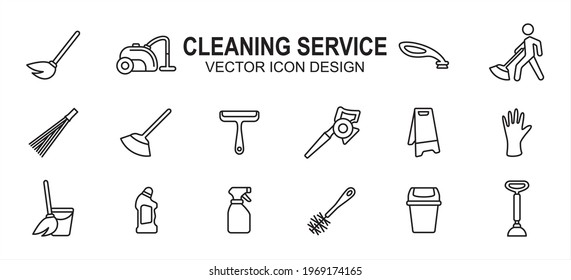 Simple Set of cleaning and maintenance service Related Vector icon user interface graphic design. Contains such Icons as broom, mop, wiper, blower, wet sign, glove, sprayer, trash bin
