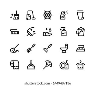 Simple Set of Cleaning Related Vector Line Icons. Contains such Icons as broom, vacuum, spray, dustpan and More. pixel perfect vector icons based on 32px grid. Editable Strokes