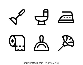 Conjunto simple de iconos de línea de vectores relacionados con limpieza. Contiene iconos como émbolo, inodoro, tejido, tejido, Dustpan y más.