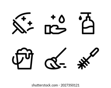 Simple Set of Cleaning Related Vector Line Icons. Contains Icons as Squeegee, Hand Wash, Bucket Soap, Mopping and more.