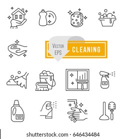 Simple Set of Cleaning Related Vector Line Icons. Contains such Icons as Spray, Dust, Clean Surface, Sponge and more. 