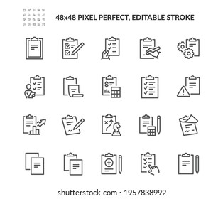 Simple Set of Clipboard Related Vector Line Icons. Contains such Icons as Contact, Checklist, Petition and more. Editable Stroke. 48x48 Pixel Perfect.\n
