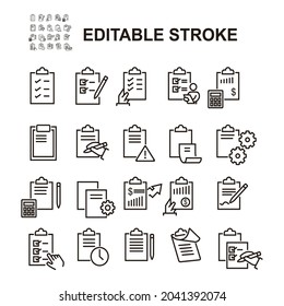 Conjunto Simple De Iconos De Contorno De Vectores Relacionados Con El Portapapeles. Contiene iconos como Contactos, Listas de verificación, Peticiones y más. Estroques editables. Eps 10.