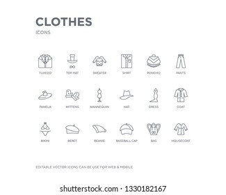 simple set of clothes vector line icons. contains such icons as housecoat, bag, baseball cap, beanie, beret, bikini, coat, dress, hat and more. editable pixel perfect.