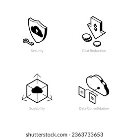 Simple set of cloud analytics icons. Contains such symbols as Security, Cost Reduction, Scalability and Data Consolidation.